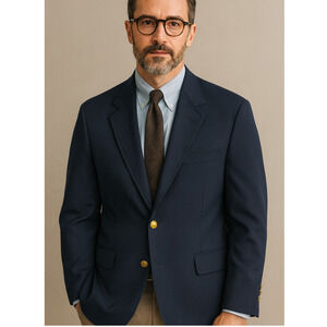 Huckberry Vintage 40R Navy Blue 100% Wool Blazer Gold Buttons Jacket Old Money